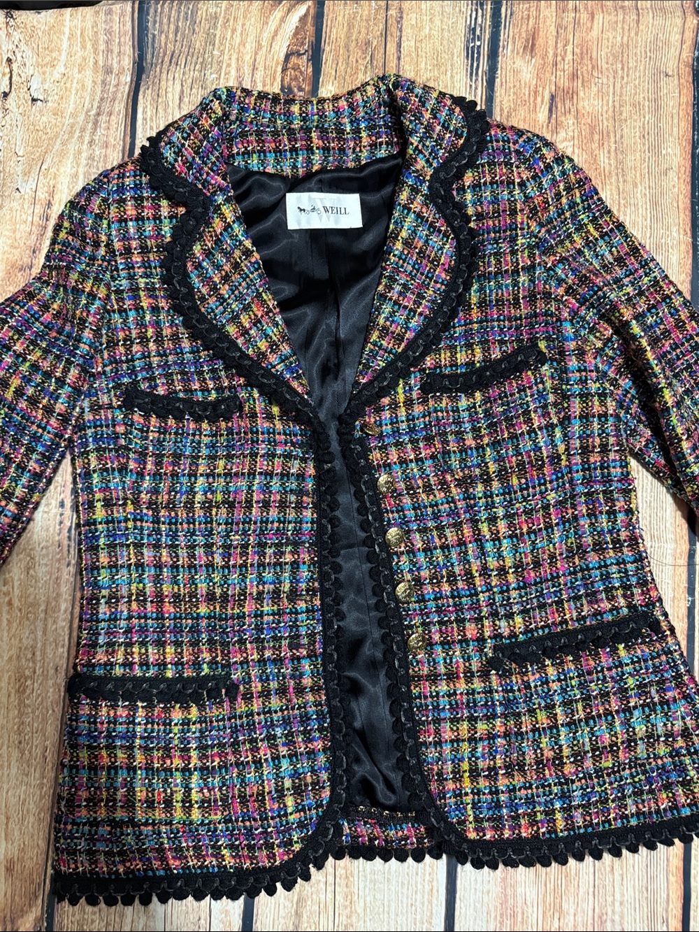 Vintage WEILL Paris Multi-Color Tweed Braided Trim Blazer Jacket Size 8
